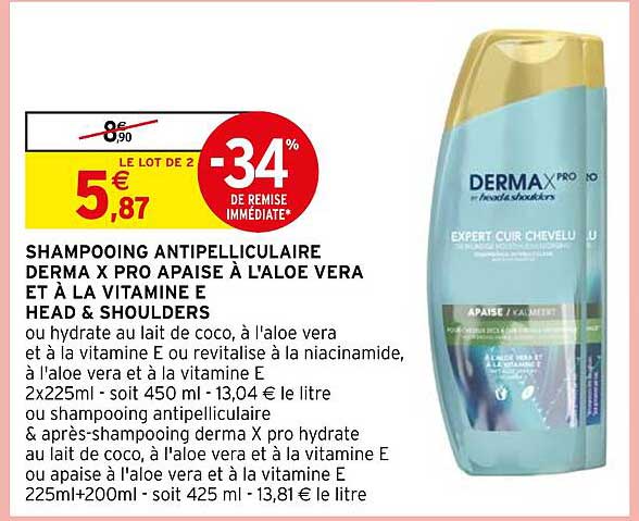 shampooing antipelliculaire derma x pro apaise à l'aloe vera et à la vitamien e head & shoulders