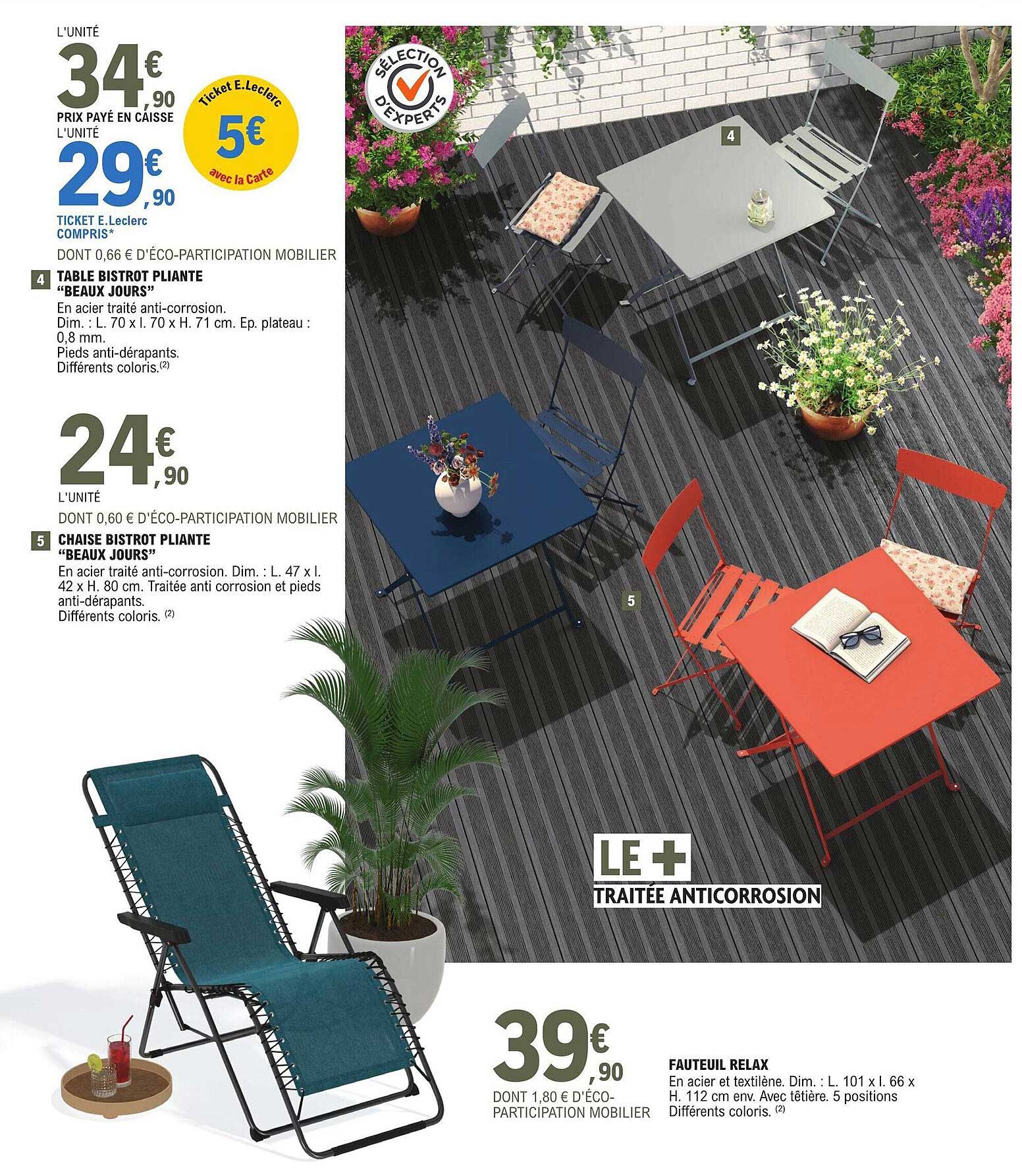 table bistrot pliante "beaux jours", chaise bistrot pliante "beaux jours", fauteuil relax