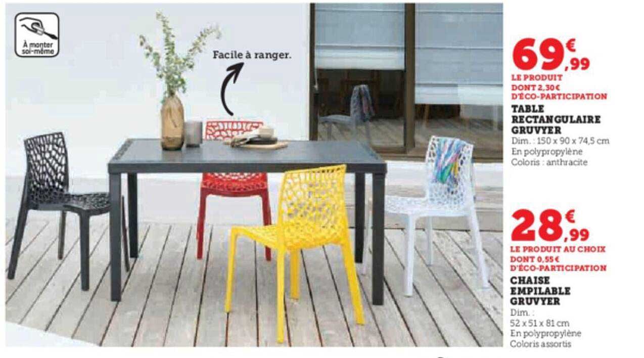 table rectangulaire gruvyer, chaise empilable gruvyer