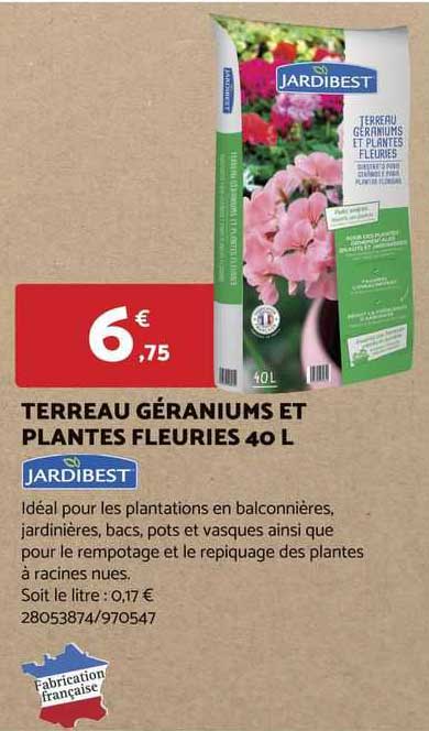 terreau géraniums et plantes fleuries 40 l jardibest