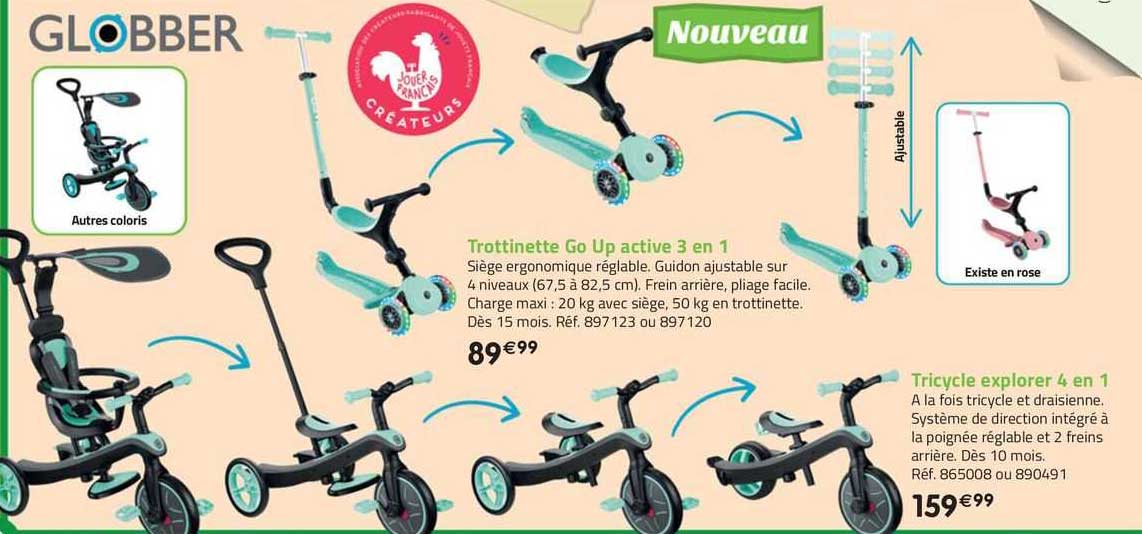 trottinette go up active 3 en 1, tricyble explorer 4 en 1