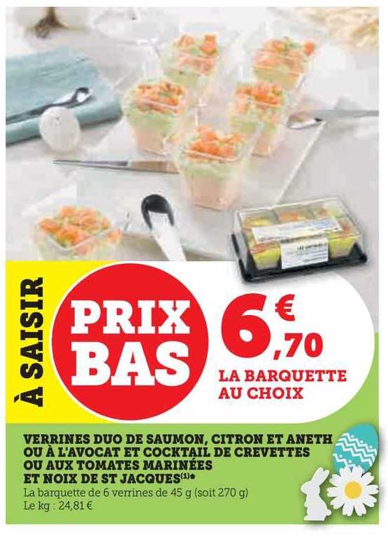 verrines duo de saumon, citron et aneth ou à l'avocat et cocktail de crevettes ou aux tomates marinées et noix de st jacques