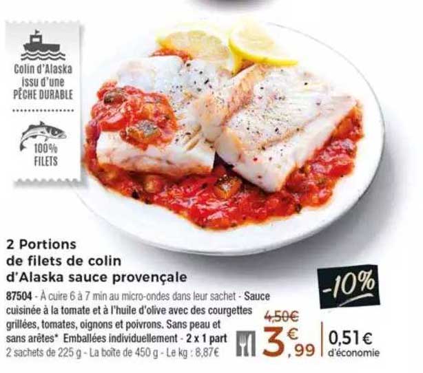 2 Portions De Filet De Colin D'alaska Sauce Provençale