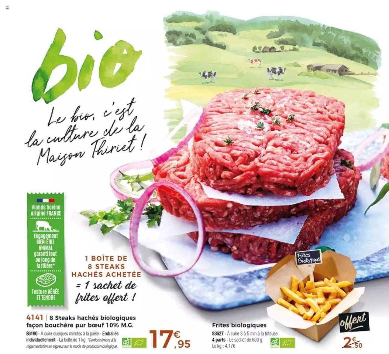8 steaks hachés biologiques façon bouchère pur boeuf 10% m.g., frites biologiques