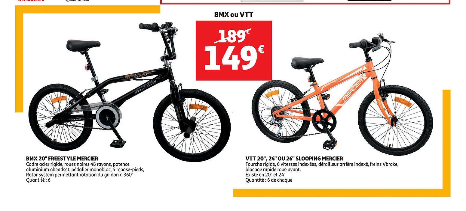 bmx 20" freestyle mercier, vtt 20", 24" ou 26" slooping mercier