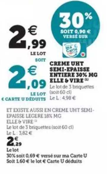 crème uht semi-épaisse entière 30% mg elle & vire