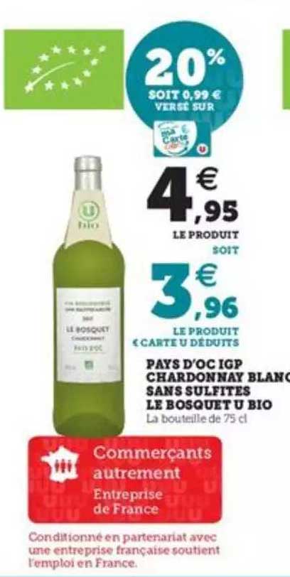 pays d'oc igp chardonnay blanc sans sulfites le bosquet u bio