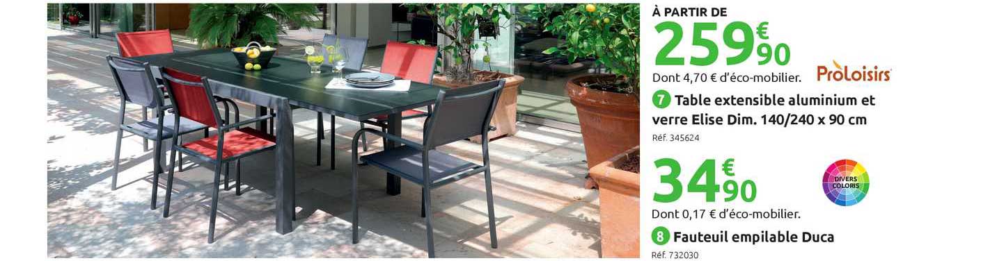 table extensible aluminium et verre elise, fauteuil empilable duca