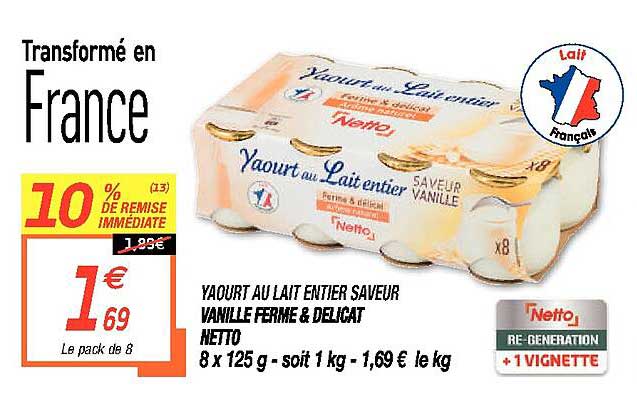 Yaourt Au Lait Entier Saveur Vanille Ferme & Délicat Netto