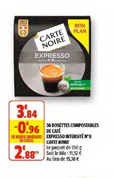 36 dosettes compostable de café expresso intensité n°8 carte noire