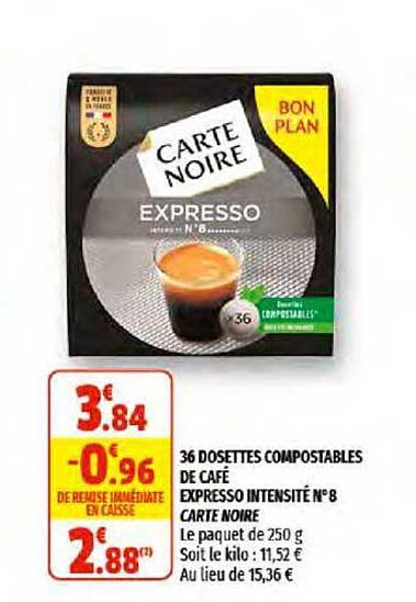 36 dosettes compostables de café expresso intensité n°8 carte noire
