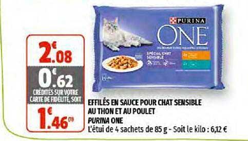 effilés en sauce pour chat sensible au thon et au poulet purina one