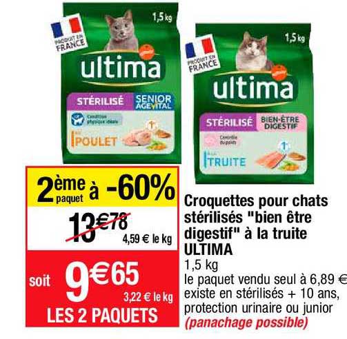 croquettes pour chats stérilisés "bien être digestif" à la truite ultima