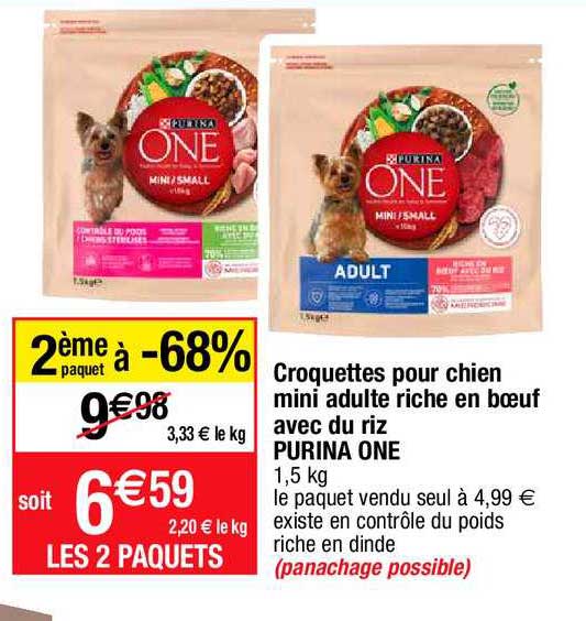 croquettes pour chien mini adulte riche en bœuf avec du riz purina one