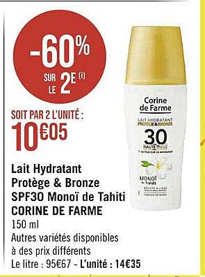 lait hydratant protège & bronze spf30 monoï de tahiti corine de farme