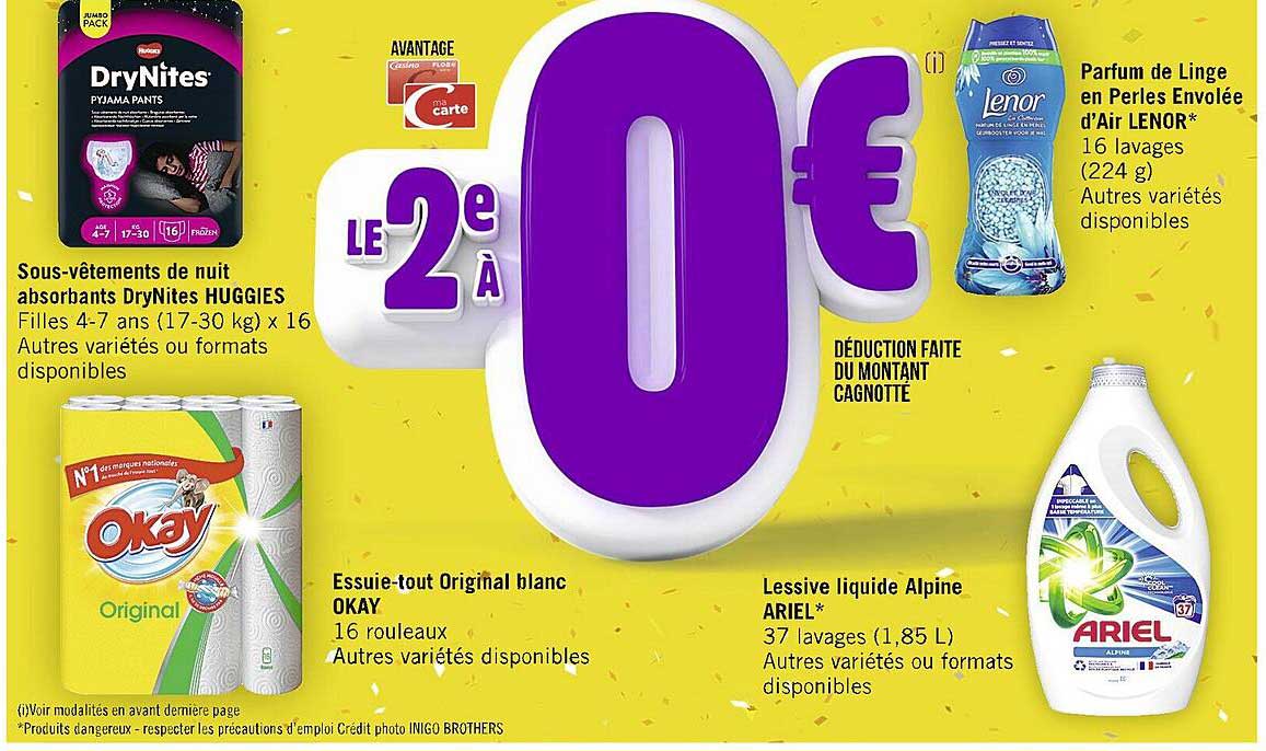 sous-vêtements de nuit absorbants dry nites huggies, essuie-tout original blanc okay, lessive liquide alpine ariel, parfum de linge en perles envolée d'air lenor