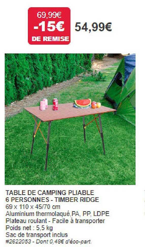 table de camping pliable 6 personnes - timber ridge