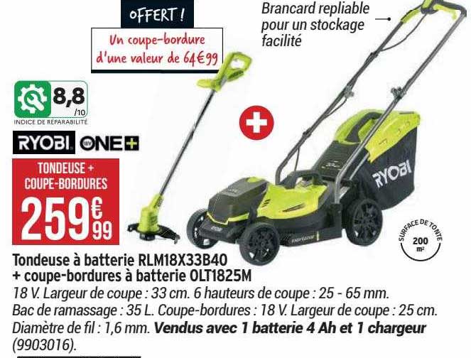 tondeuse à batterie rlm18x33b40 + coupe-bordures à batterie olt1825m ryobi