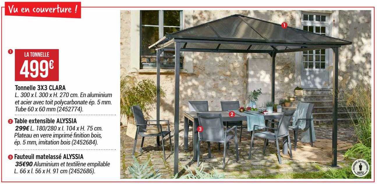 tonnelle 3x3 clara, table extensible alyssia, fauteuil matelassé alyssia
