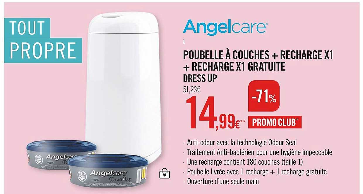 Angelcare Poubelle A Couches + Recharge X1 + Recharge X1 Gratuite