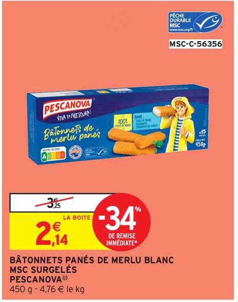 Bâtonnets Panés De Merlu Blanc Msc Surgelés Pescanova