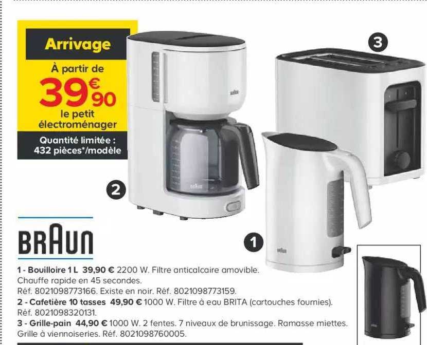 bouilloire 1 l, cafetière 10 tasses, grille-pain braun