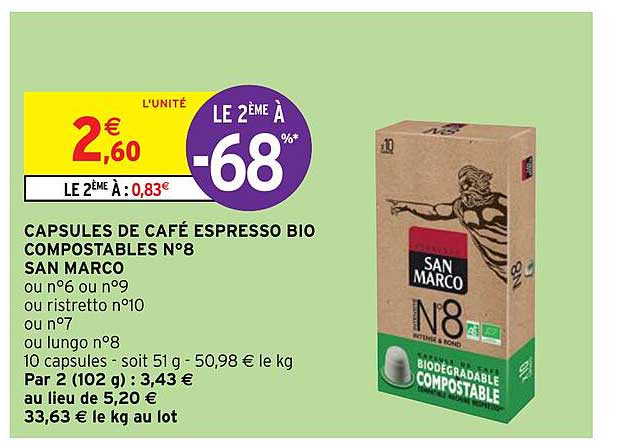 capsules de café espresso bio compostables n°8 san marco