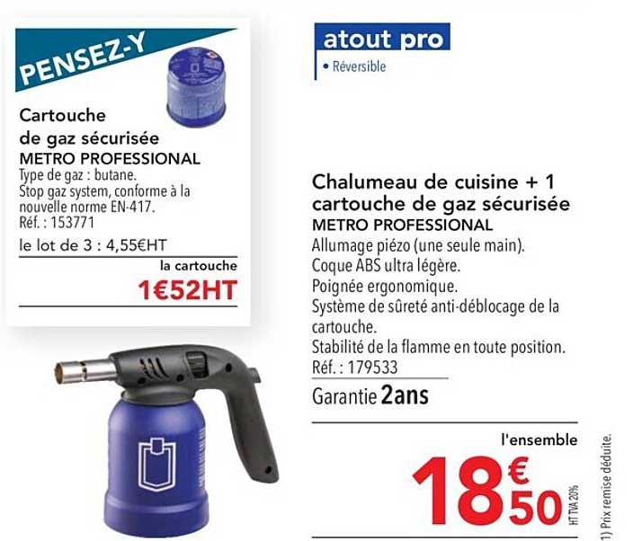 chalumeau de cuisine + 1 cartouche de gaz sécurisée metro professional, cartouche de gaz metro professional