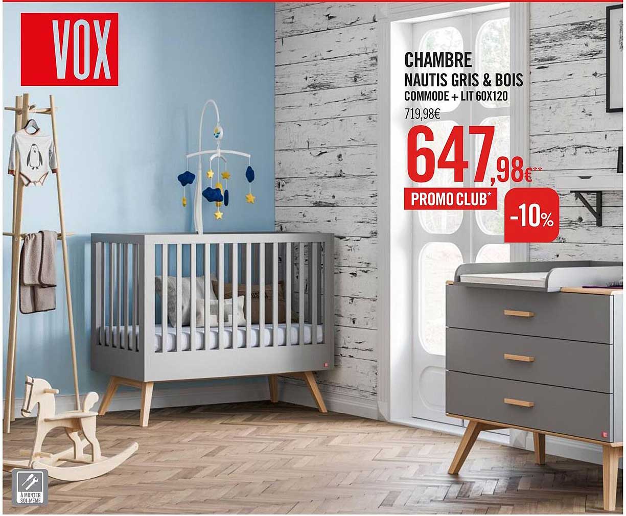 chambre nautis gris & bois commode + lit 60x120