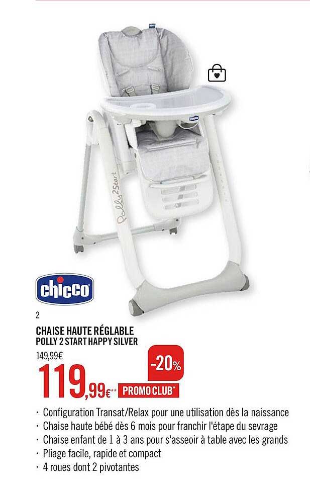 Chicco Chaise Haute Reglable Polly 2 Start Happy Silver