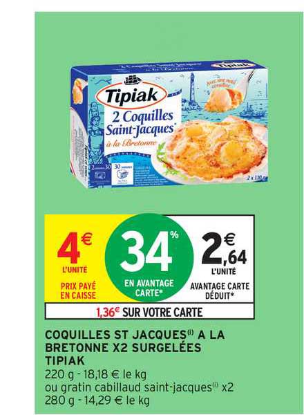 coquilles st jacques à la bretonne x2 surgelées tipiak