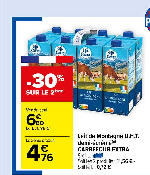 Lait De Montagne Uht Demi-ecreme Carrefour Extra