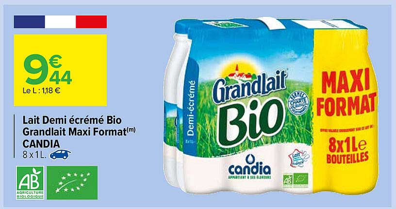 lait demi écrémé bio grandlait format candia