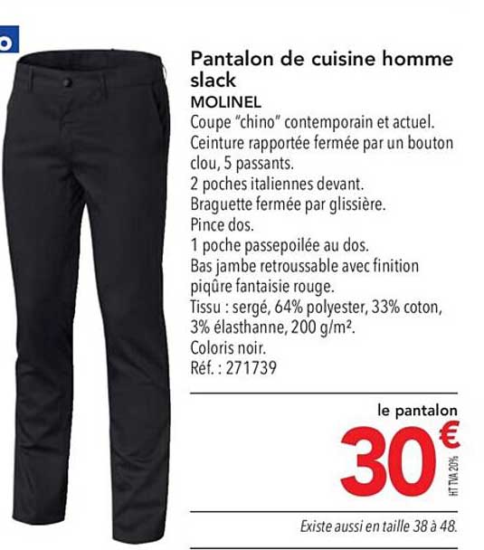 pantalon de cuisine homme slack molinel