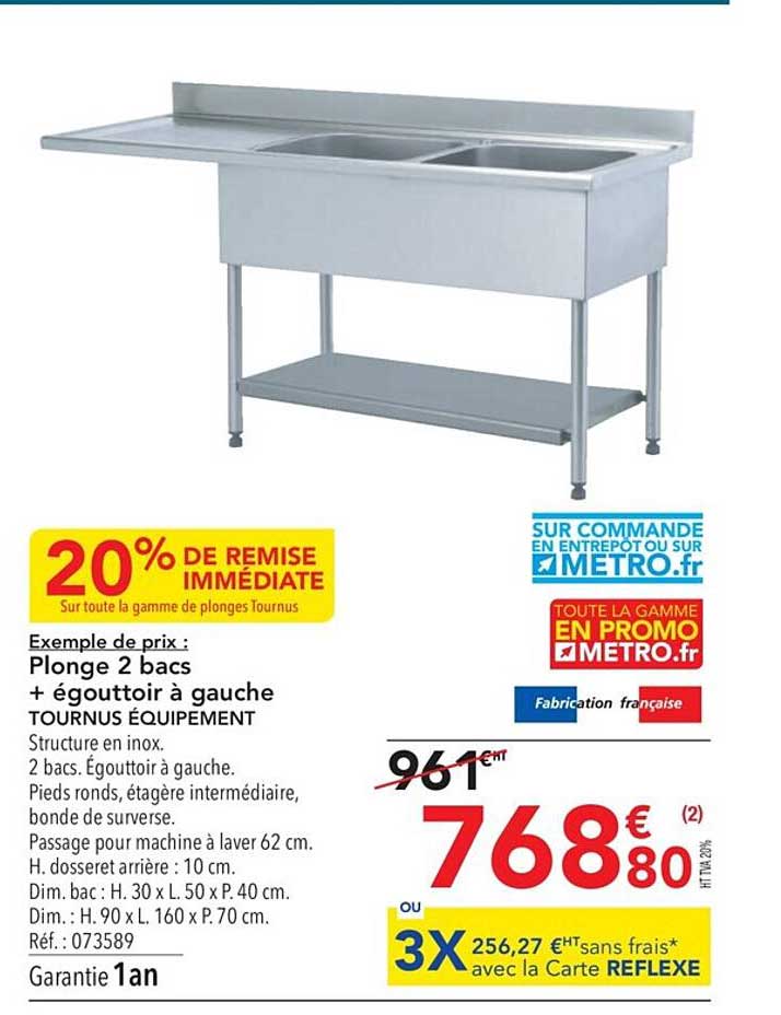 plonge 2 bacs + égouttoir à gauche tournus équipement