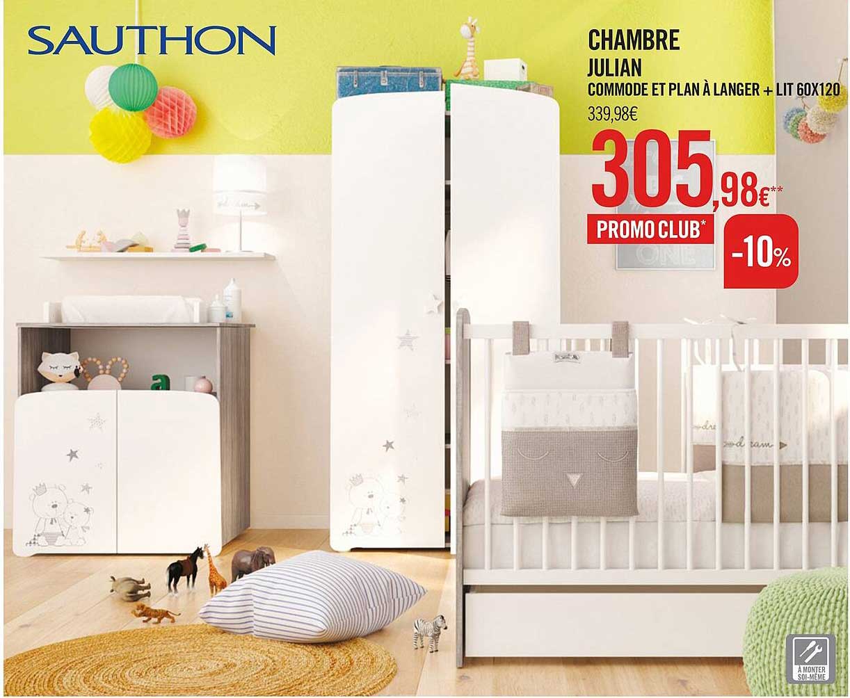 sauthon chambre julian commode et plan a langer + lit 60x120