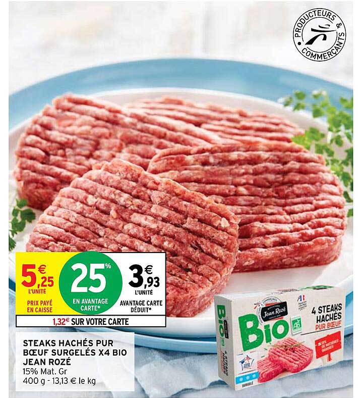 steaks hachés pur boeuf surgelés x4 bio jean rozé
