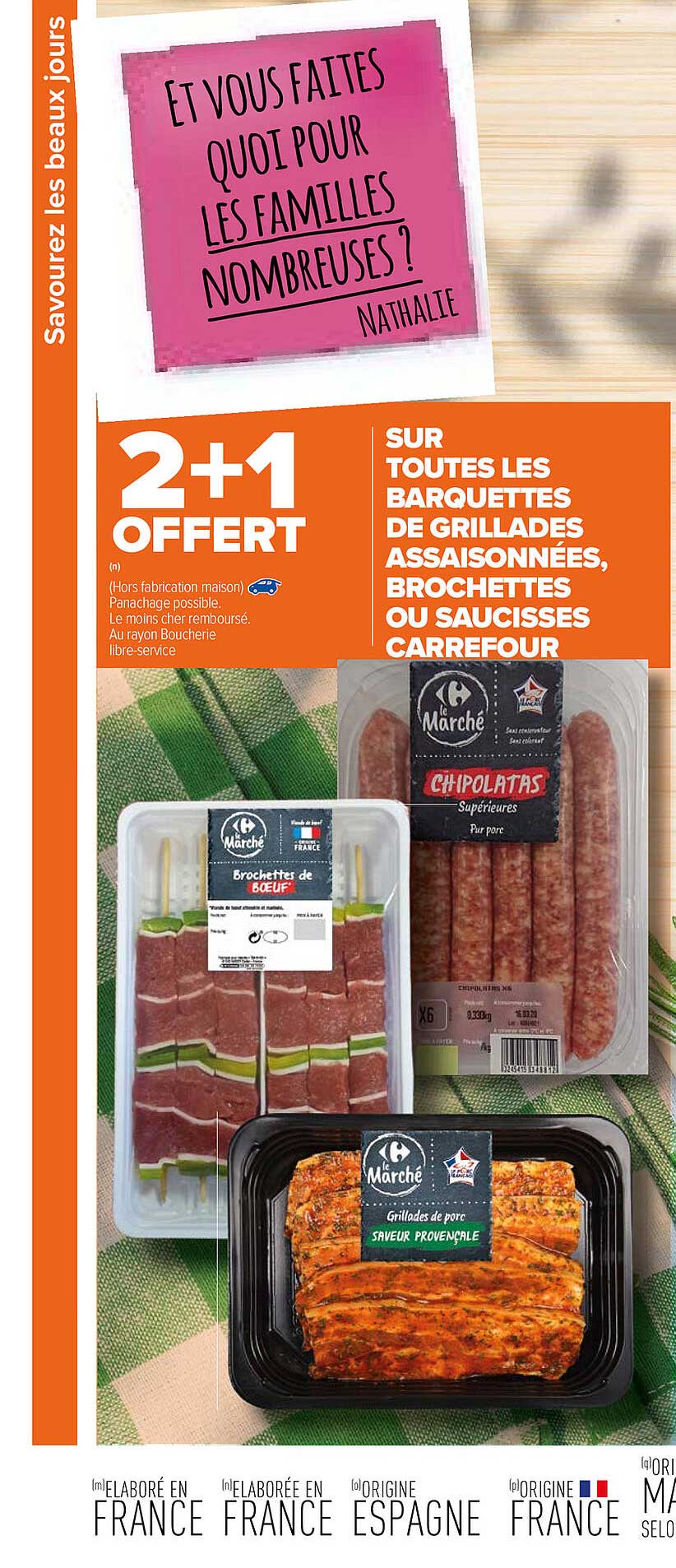 sur toutes les barquettes de grillades assaisonnees, brochettes ou saucisses carrefour