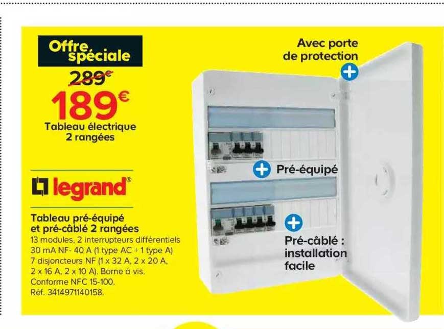 tableau pré-équipé et pré-câblé 2 rangées legrand