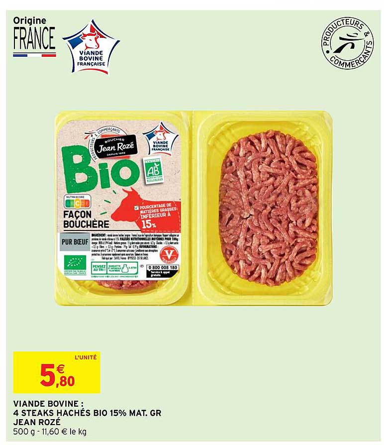 viande bovine : 4 steaks hachés bio 15% mat. gr. jean rozé