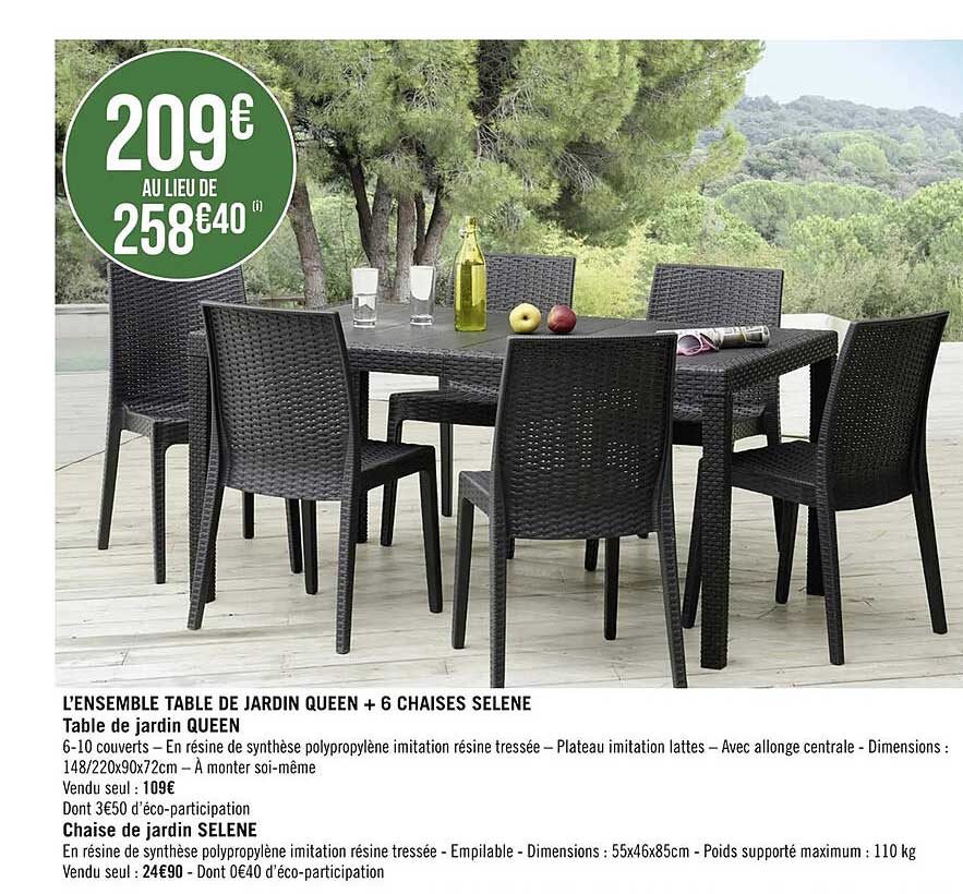 l'ensemble table de jardin queen + 6 chaises sélène