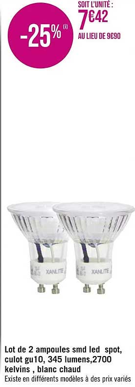 lot de 2 ampoules smd led spot, culot gu10, 345 lumens, 2700 kelvins, blanc chaud