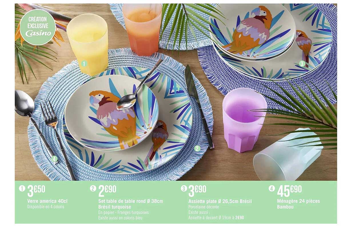 verre america 40cl, set table de table rond ø38 cm brésil turquoise, assiette plate ø26,5 cm brésil, ménagère 24 pièces bambou