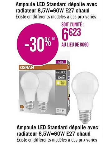 Ampoule Led Standard Dépolie Avec Radiateur 8,5w = 60w E27 Chaud Osram