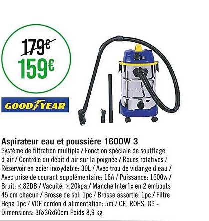 aspirateur eau et poussière 1600w 3 good year