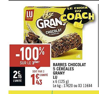 barres chocolat 5 céréales grany lu