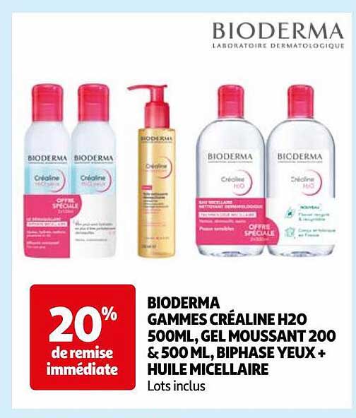 bioderma gammes créaline h20 500ml, gel moussant 200 & 500ml, biphase yeux + huile micellaire