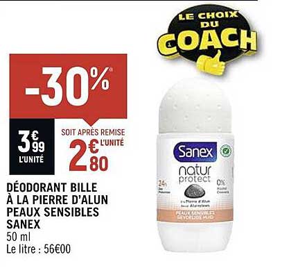 déodorant bille à la pierre d'alun peaux sensibles sanex