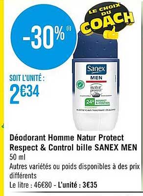 déodorant homme natur protect respect & control bille sanex men