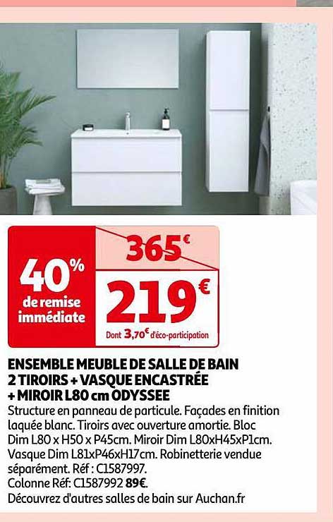 ensemble meuble de salle de bain 2 tiroirs + vasque encastrée + miroir l80 cm odyssée